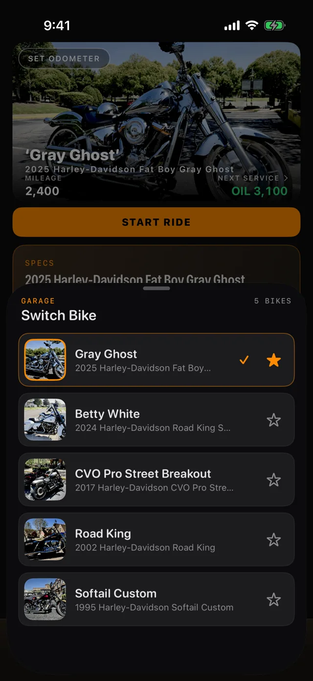 Switch Bike: the garage with five motorcycles, each with its own photo