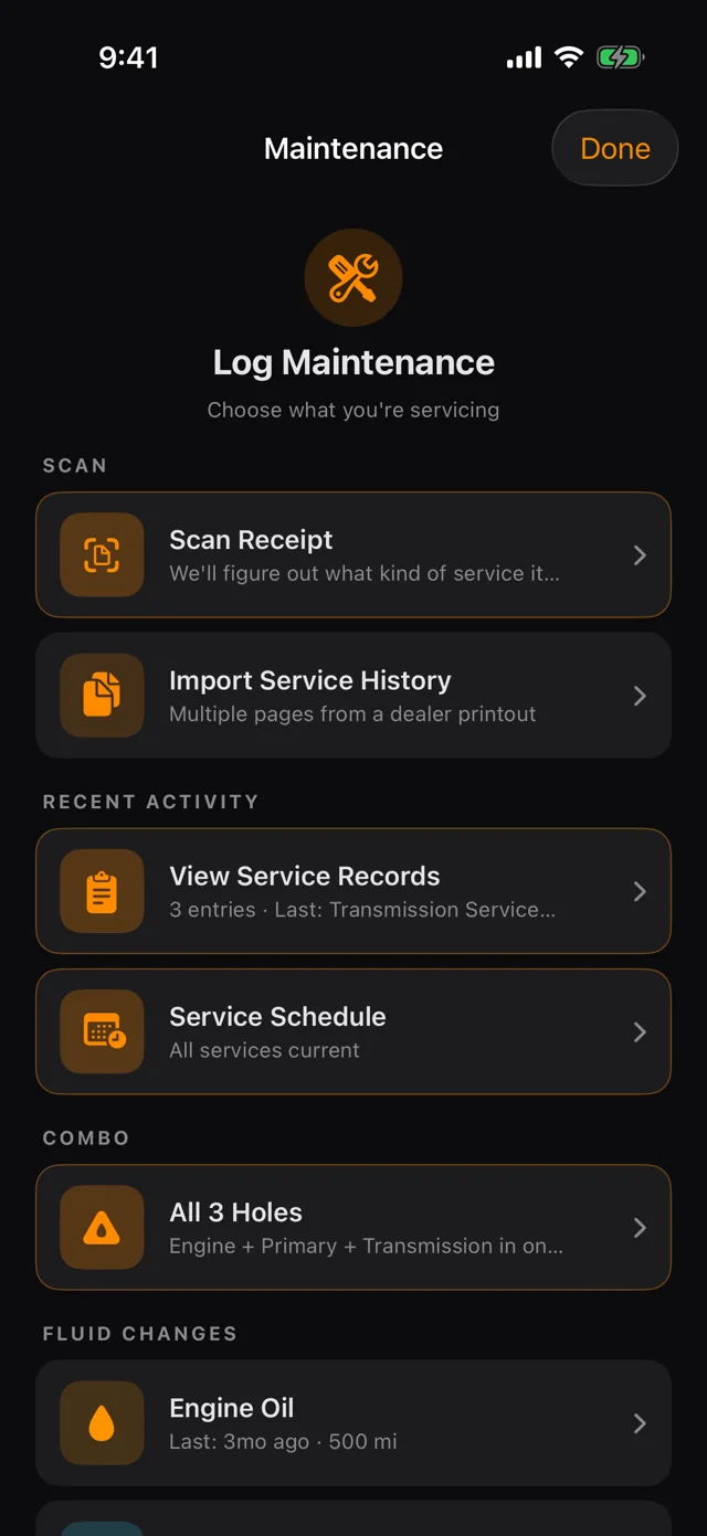 Log Maintenance hub: Scan Receipt, Import Service History, records, schedule, All 3 Holes