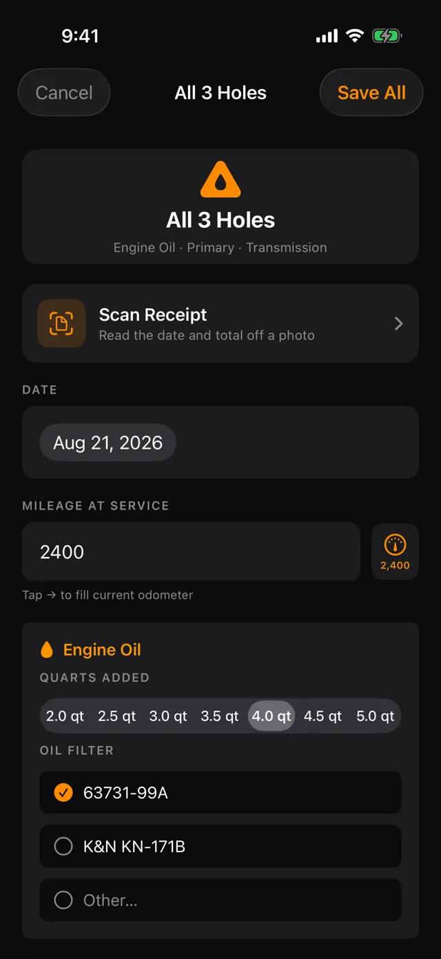 All 3 Holes entry form with quart picker and oil filter part numbers