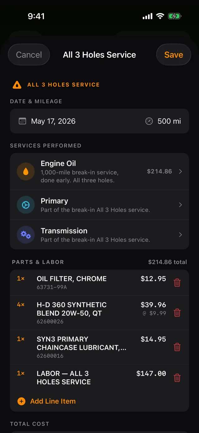 A service record: All 3 Holes with parts and labor line items totaling $214.86