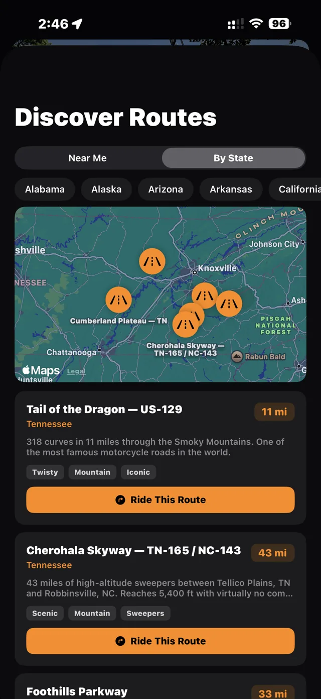 Discover Routes by state: Tail of the Dragon and Cherohala Skyway on the Tennessee map