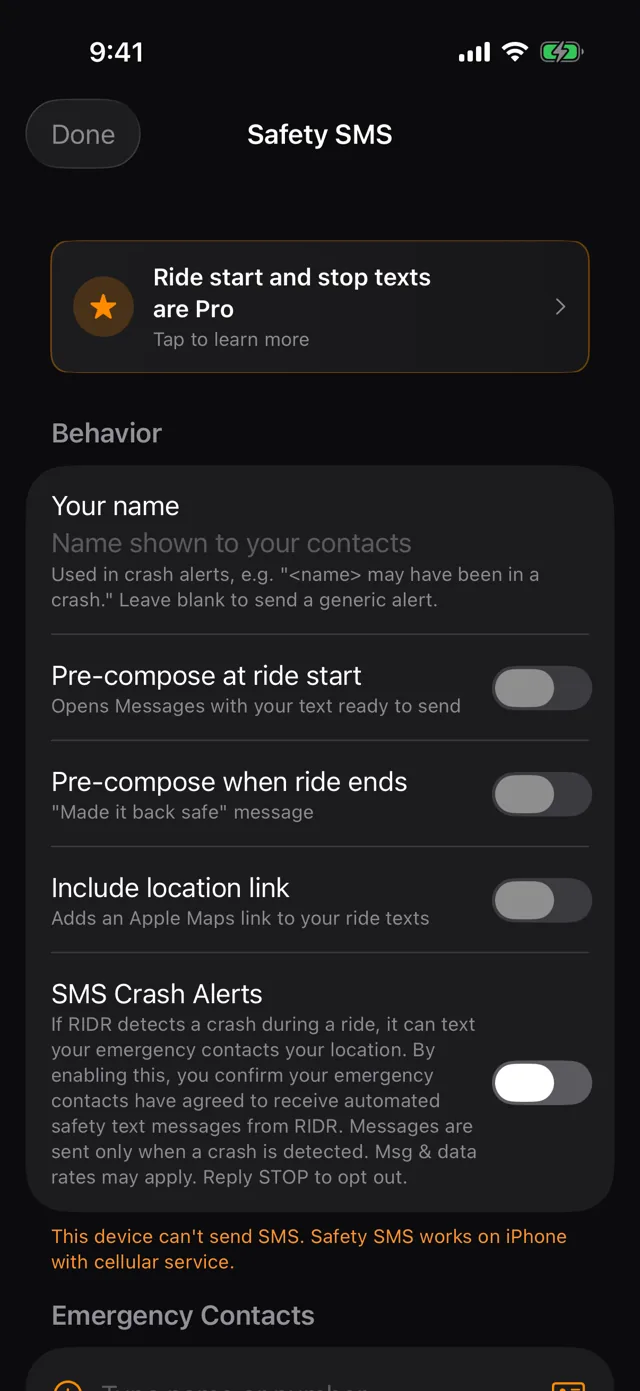 Safety SMS settings: crash alerts enabled, pre-compose options, emergency contacts