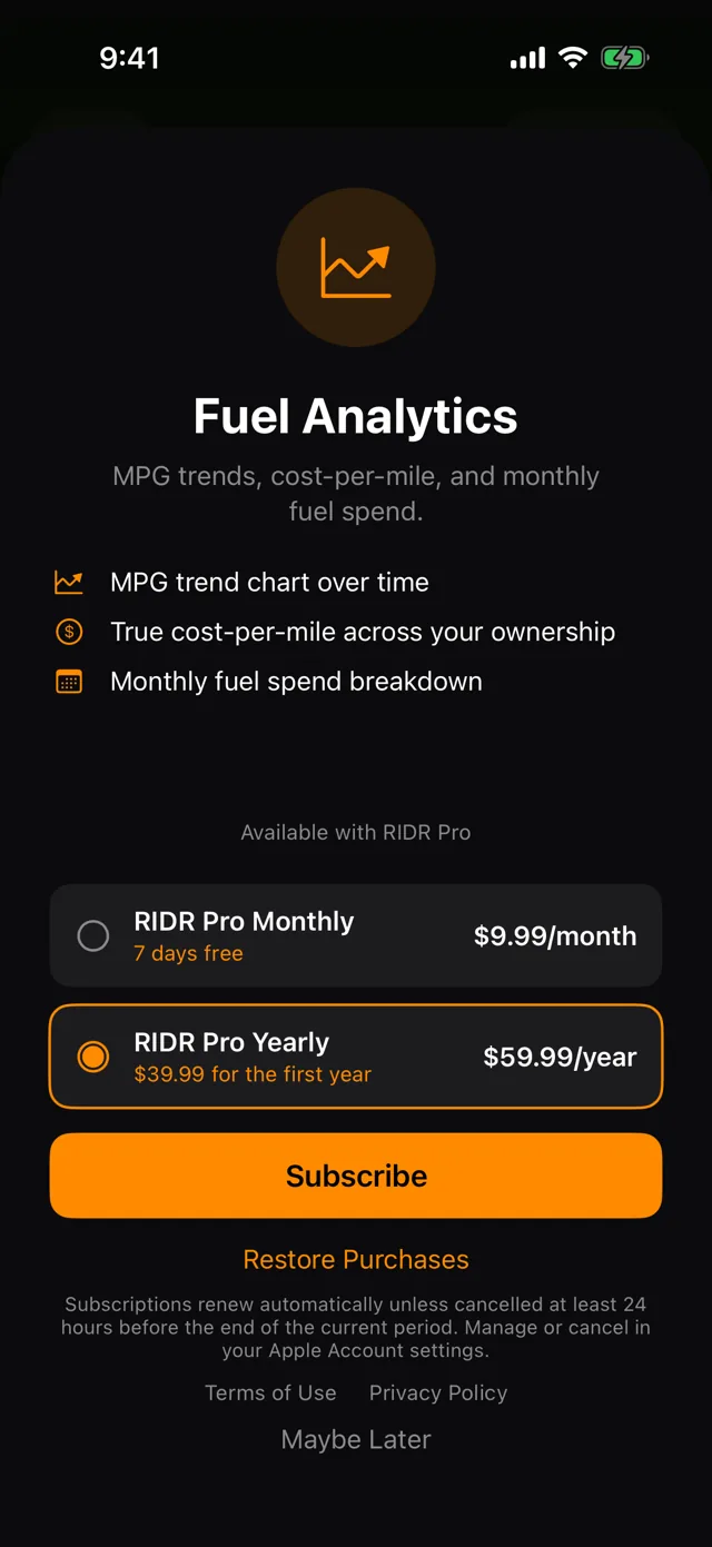 The RIDR Pro screen: monthly with 7-day trial, yearly with $39.99 first-year offer