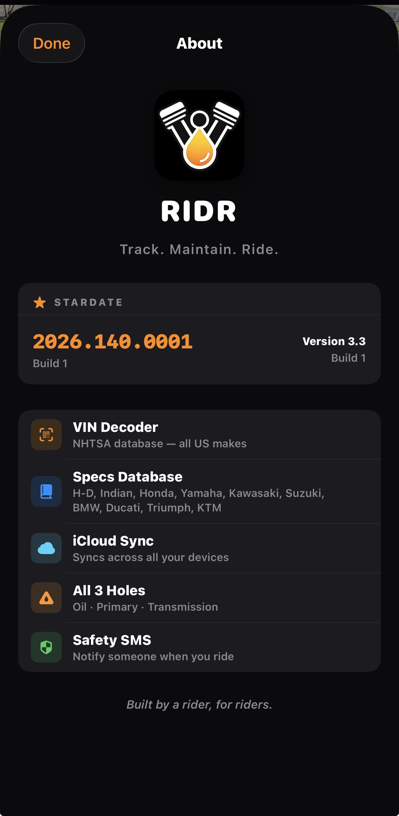 About screen showing VIN Decoder, Specs Database, iCloud Sync, All 3 Holes, and Safety SMS features