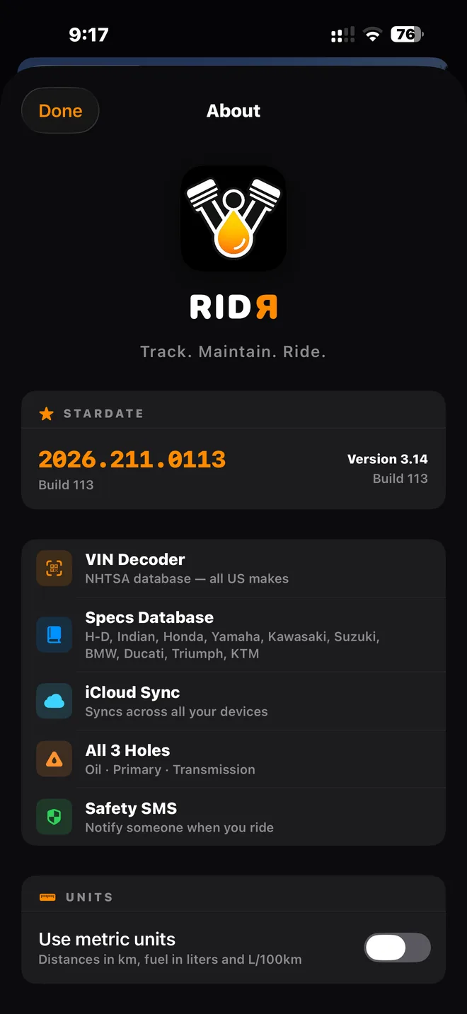 About RIDR: version 3.14, VIN decoder, specs database, iCloud sync, All 3 Holes