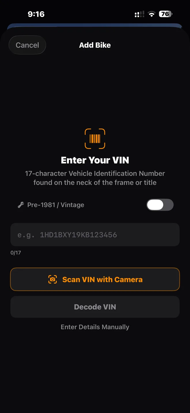 Adding a bike by VIN scan, typed VIN, or frame number for pre-1981 machines