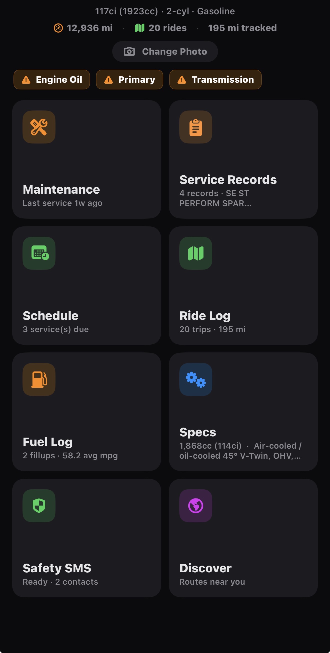 RIDR main dashboard showing the Grey Ghost with 8 feature cards