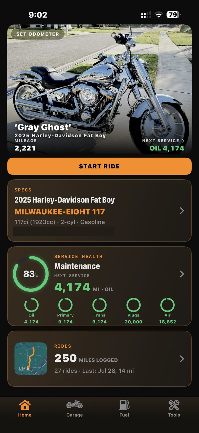 RIDR dashboard: the Gray Ghost with service health ring at 80 percent, quick stats, and ride map