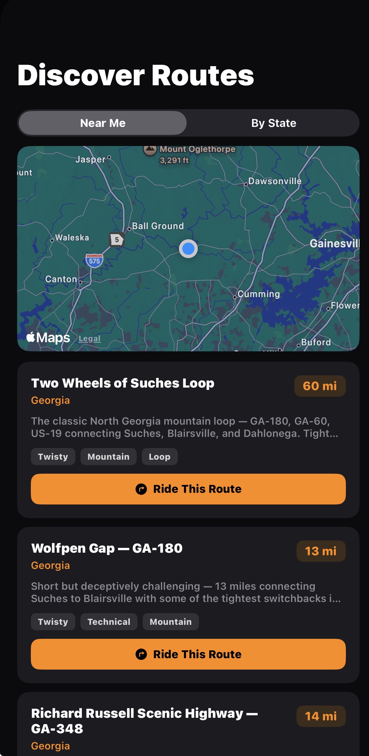 Discover Routes showing North Georgia mountain roads