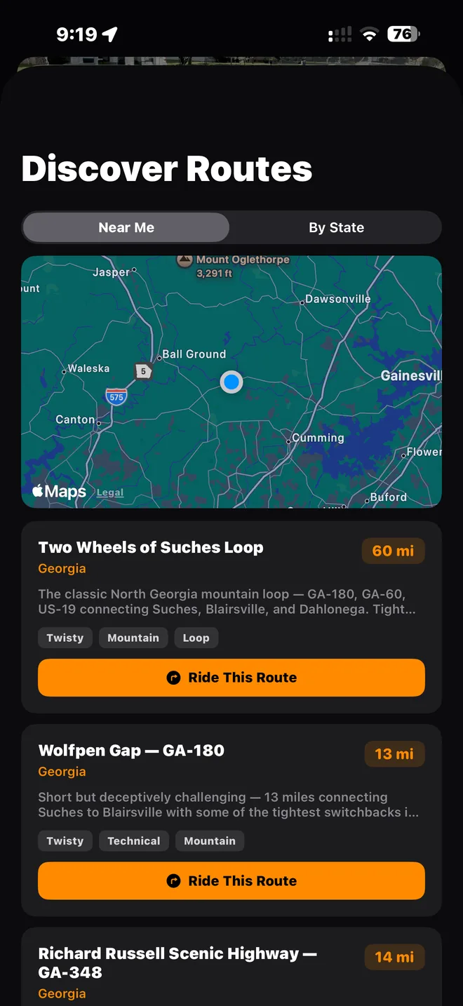 Curated routes with distance, state, and character tags