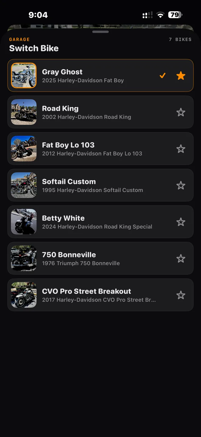 The garage with seven bikes, each with its own mileage and service history