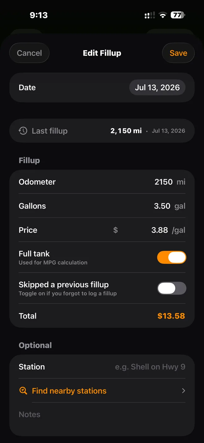Logging a fill-up with gallons, price per gallon, and the full-tank toggle