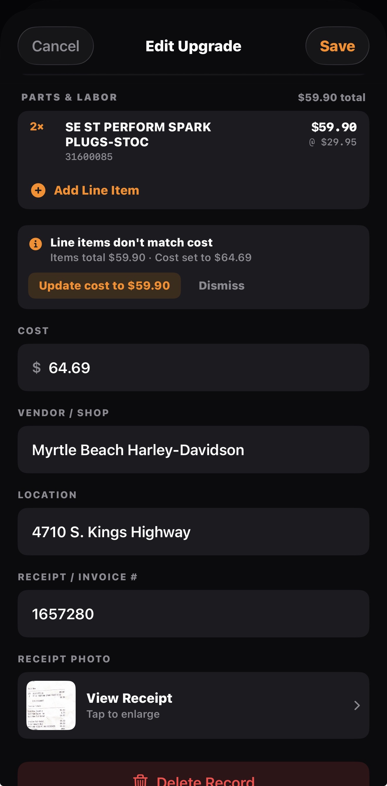 Receipt parsed into line items with cost mismatch nudge