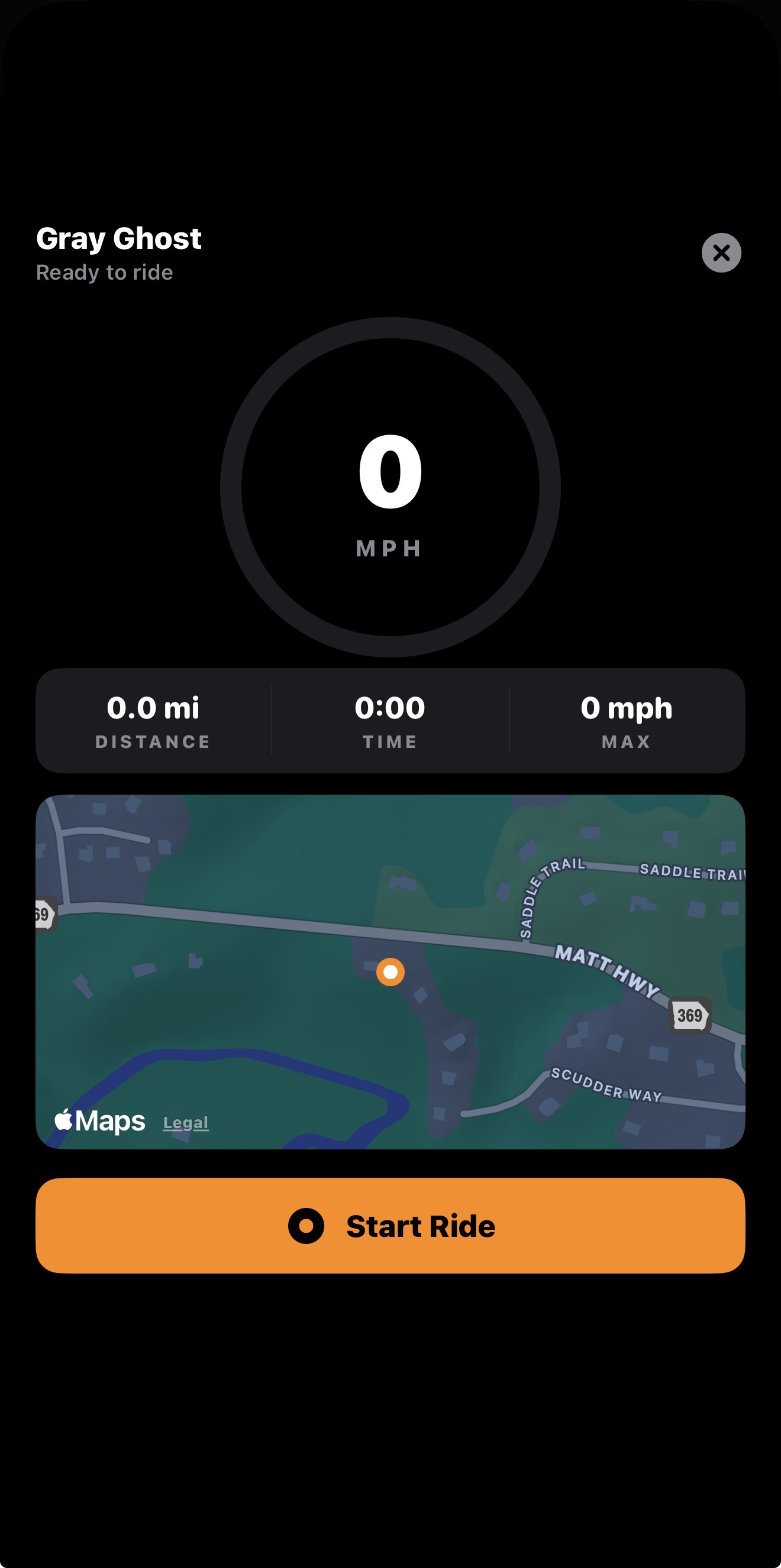 Start Ride screen showing speedometer, distance, time, and map