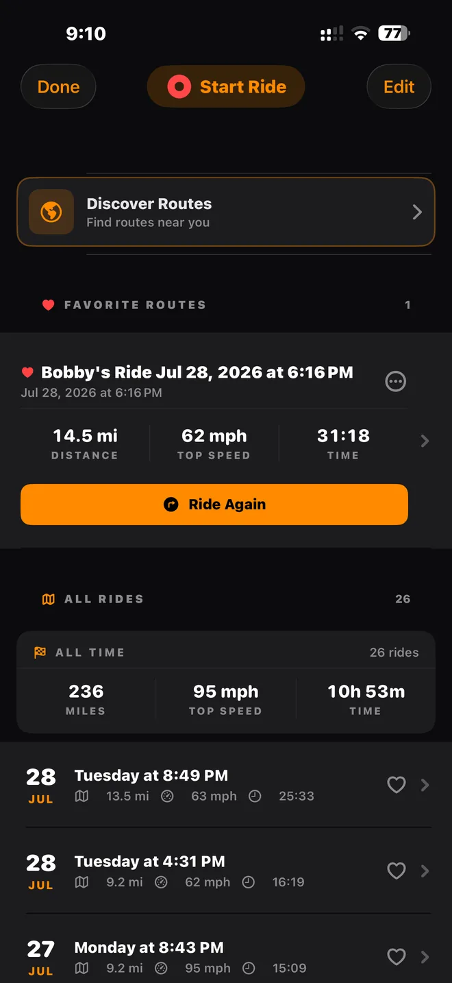 Ride history with all-time totals, favourites, and the Discover Routes entry