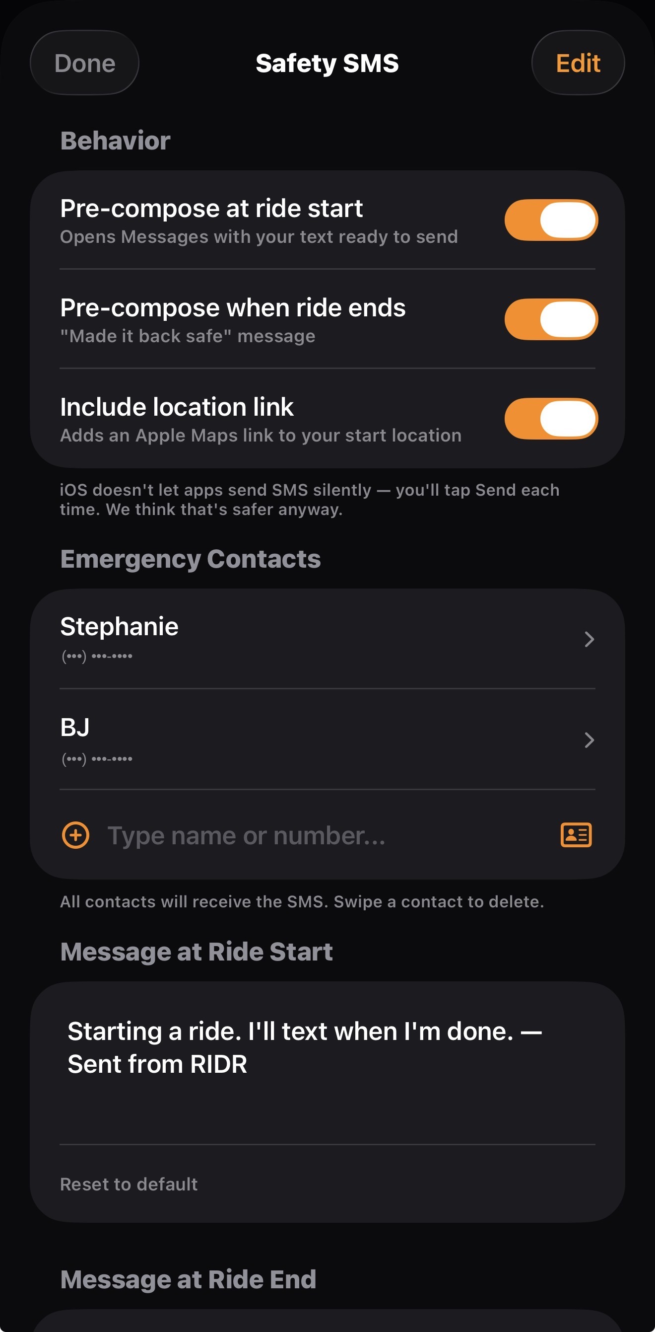 Safety SMS settings with emergency contacts Stephanie and BJ Schubert
