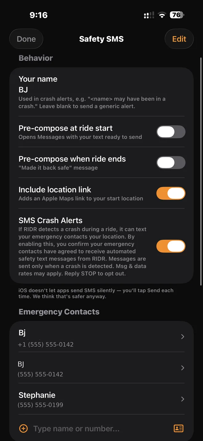 Safety SMS settings: crash alerts and emergency contacts