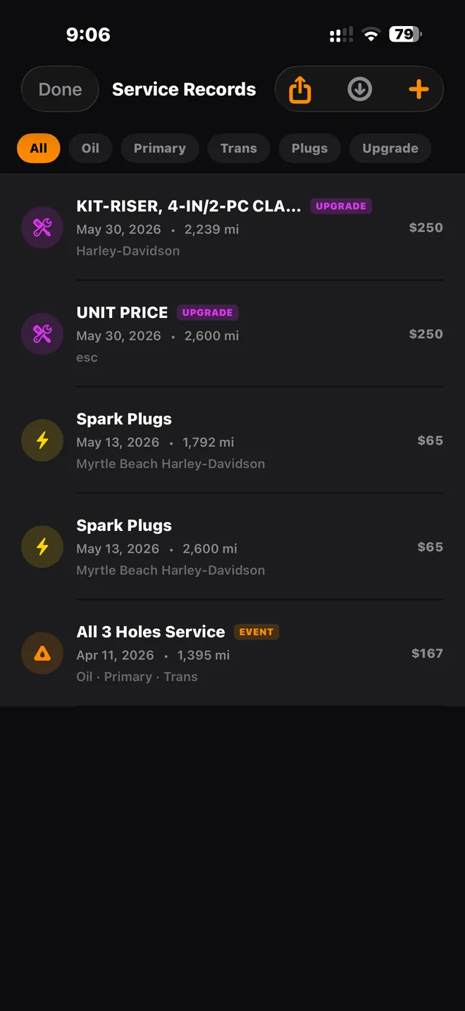 Service records filtered by type, with cost, mileage, vendor, and an All 3 Holes event