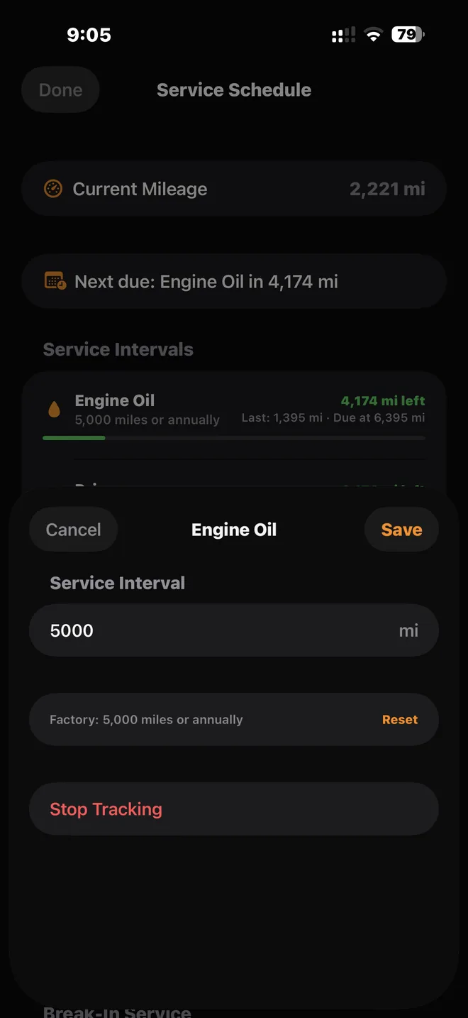 Editing a service interval, with the factory figure shown for reference