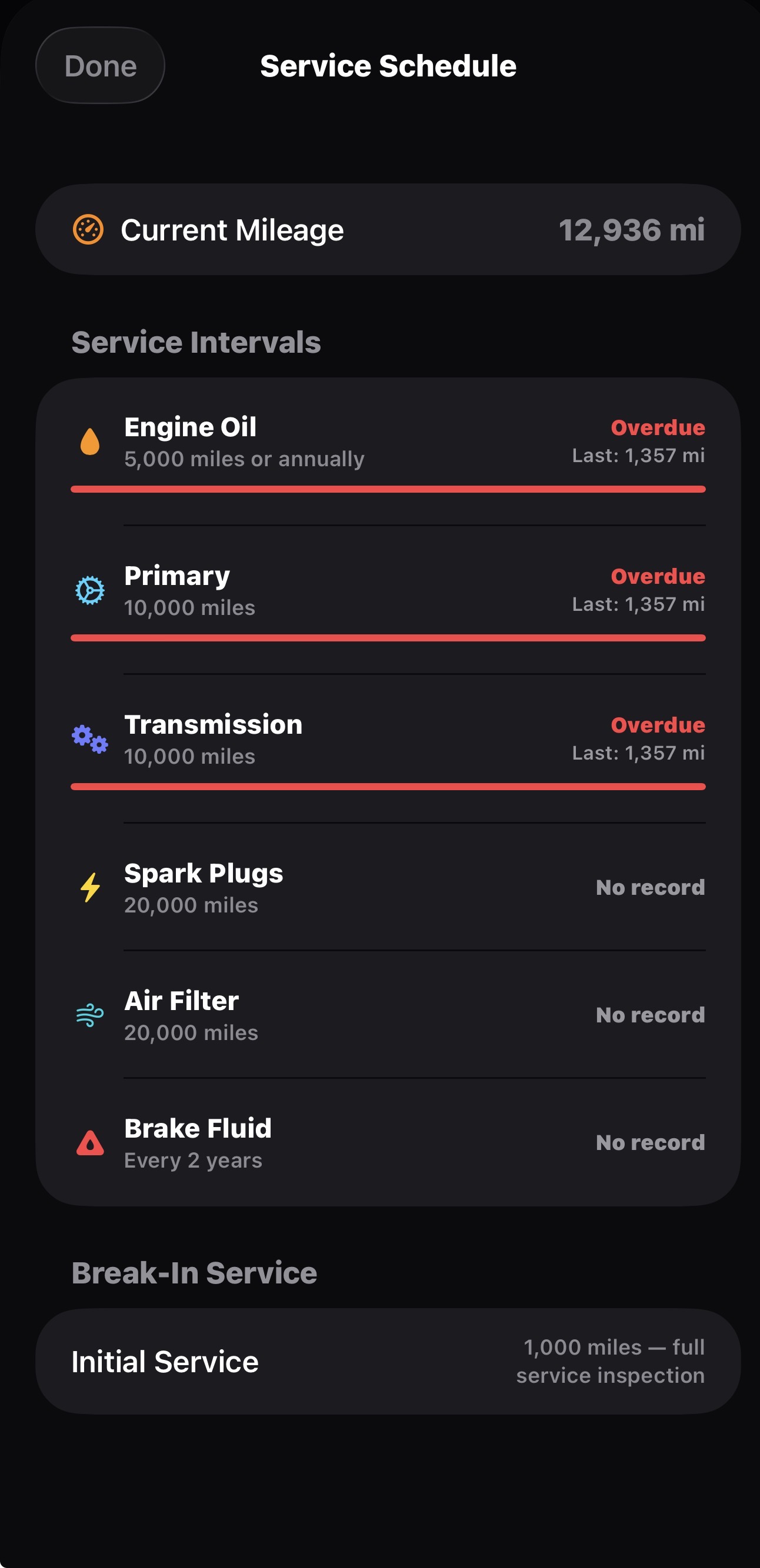 Service Schedule showing Engine Oil, Primary, and Transmission all overdue