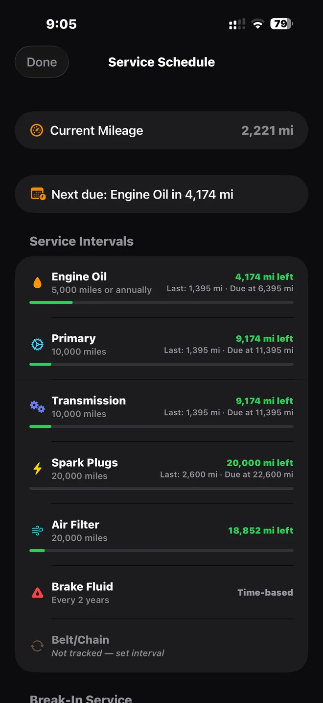 Service schedule: per-item intervals with miles remaining for oil, primary, transmission, plugs