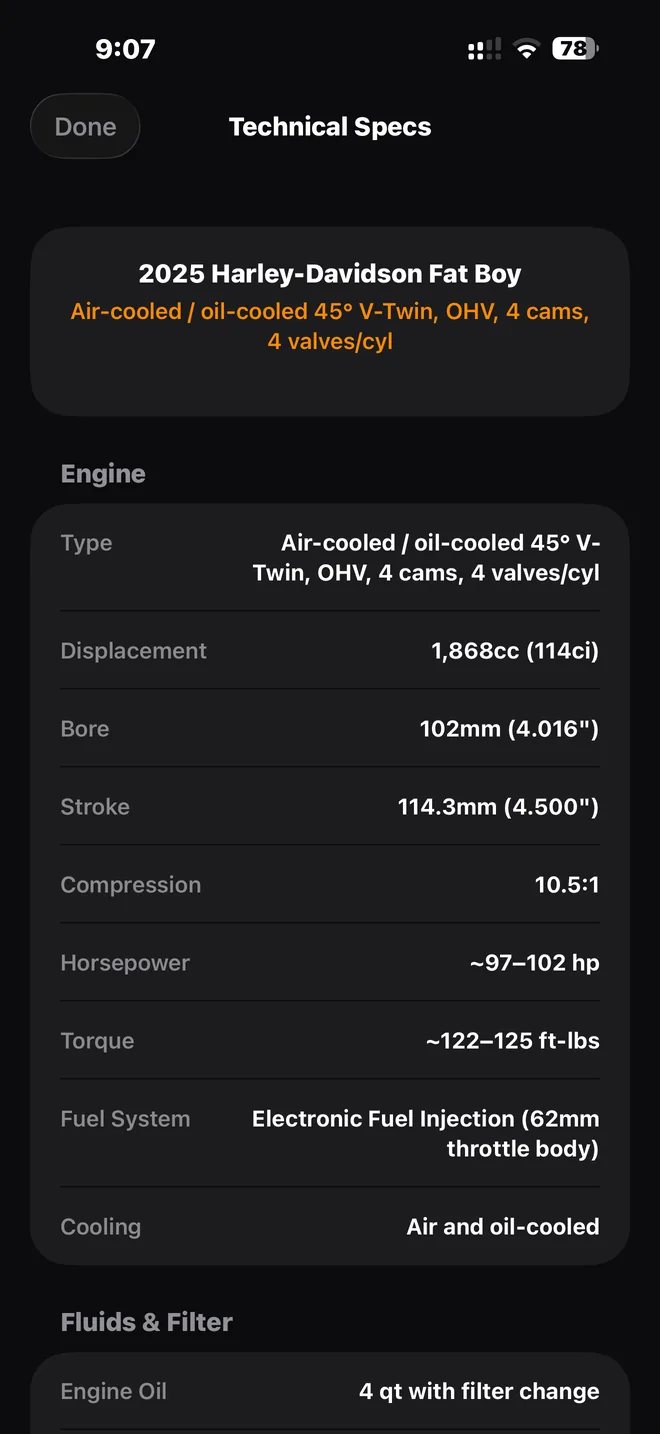 Technical specs for a 2025 Fat Boy: displacement, bore, stroke, compression, torque
