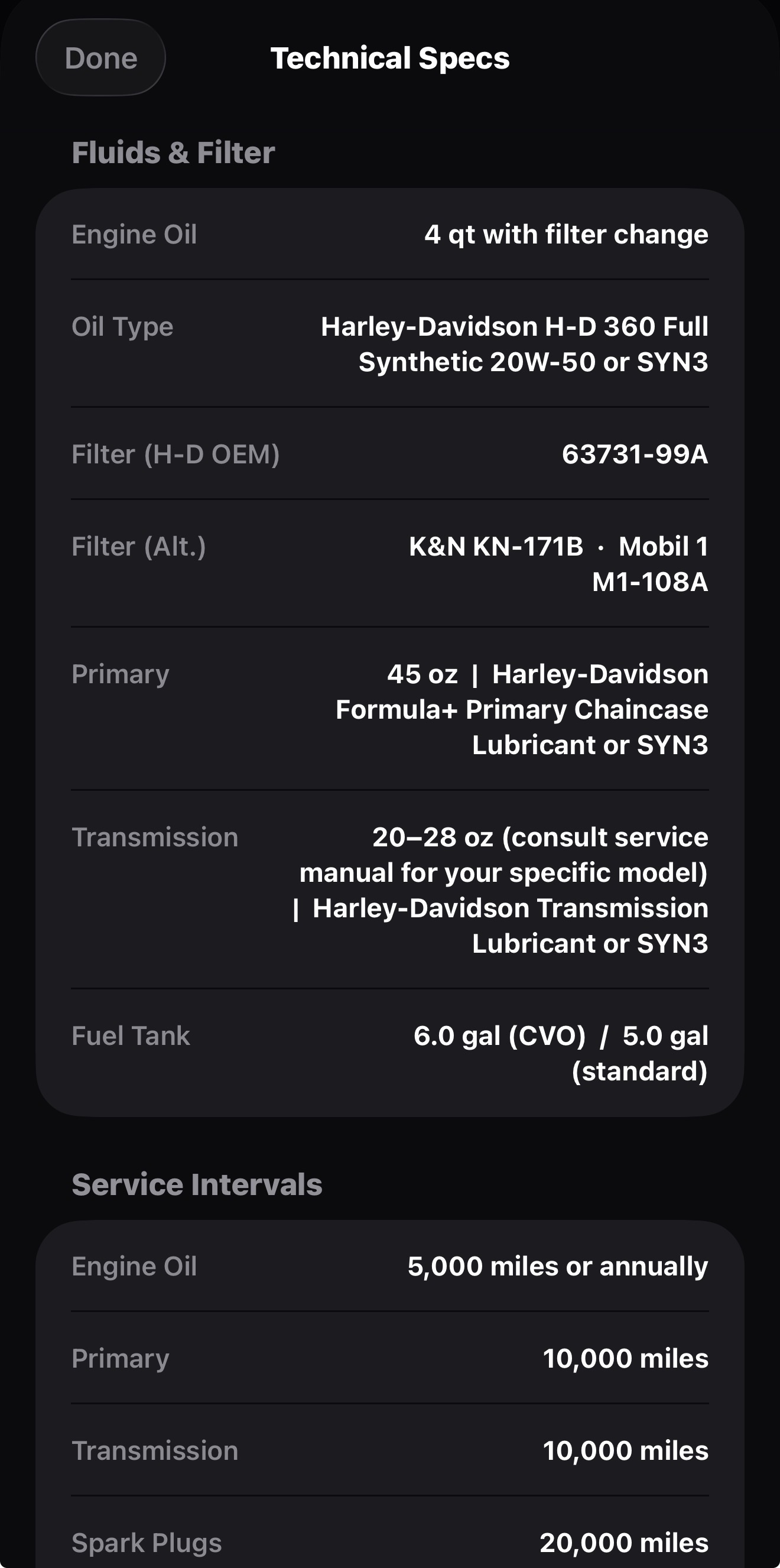 Technical Specs showing engine oil capacity, filter part numbers, and fluid types