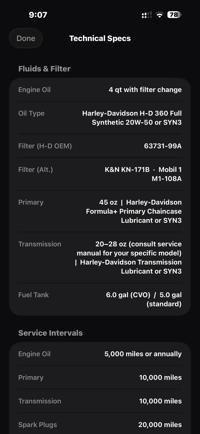 Fluid capacities, oil type, and OEM and aftermarket filter part numbers