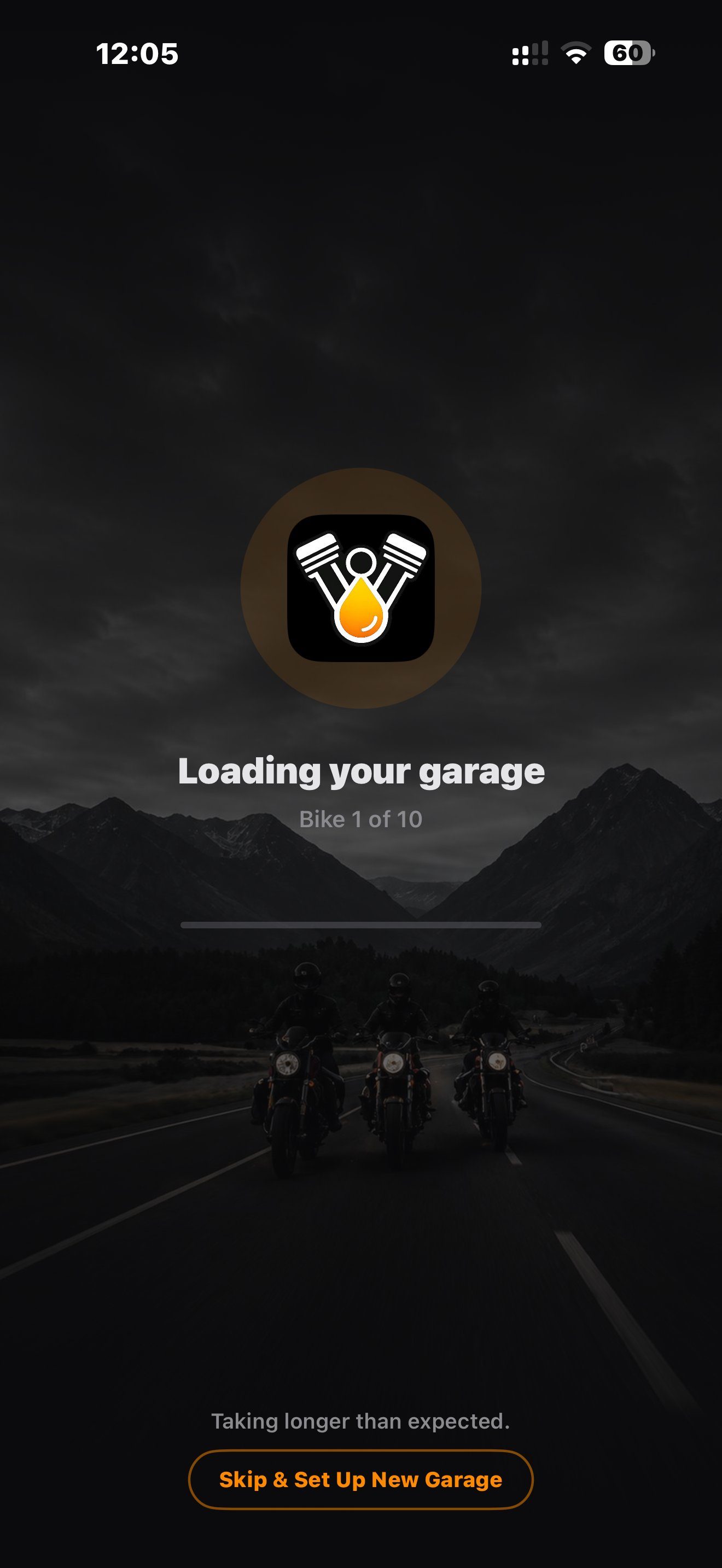 RIDR loading screen — Loading your garage, Bike 1 of 10