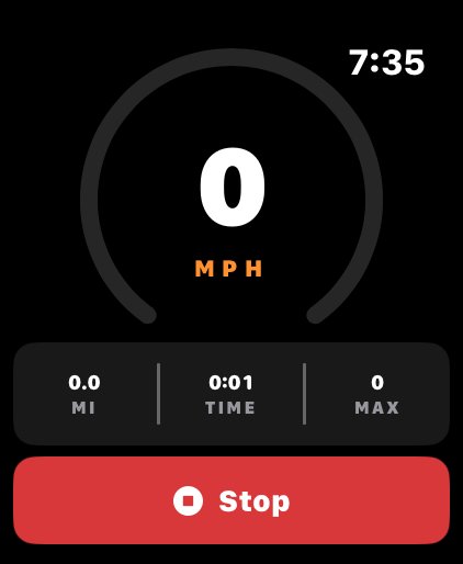 Active ride view on Apple Watch showing speedometer and Stop button