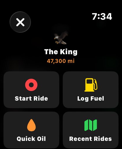RIDR watch app showing Start Ride, Log Fuel, Quick Oil, and Recent Rides