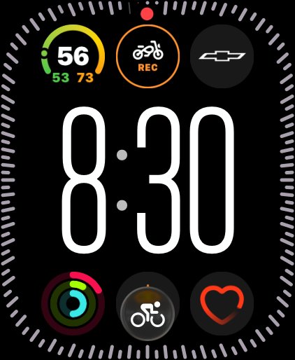 Apple Watch face with RIDR motorcycle complication showing REC during active ride