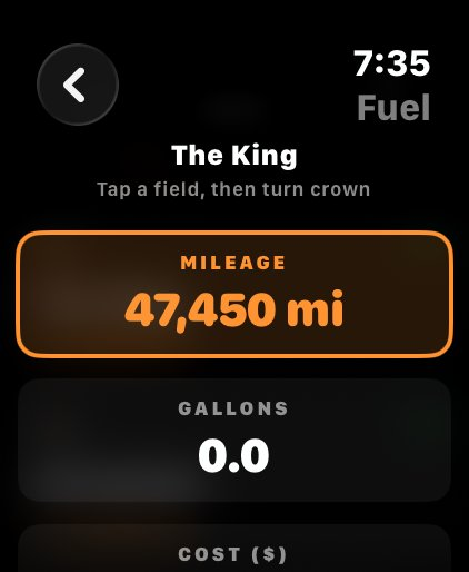 RIDR watch app fuel log entry showing mileage, gallons, and cost fields