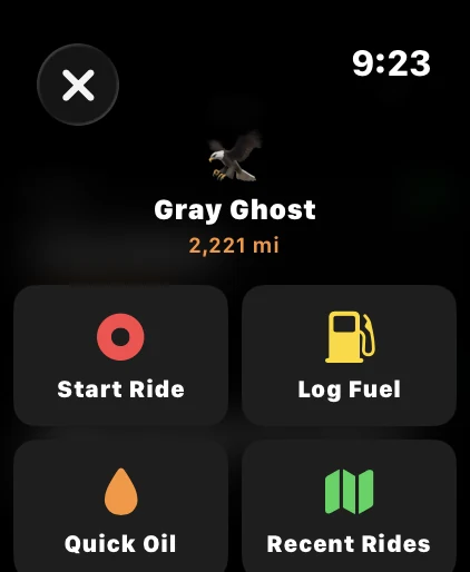 The watch home menu: Start Ride, Log Fuel, Quick Oil, Recent Rides