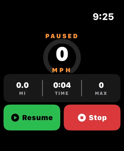 The same ride paused on Apple Watch, with resume and stop controls