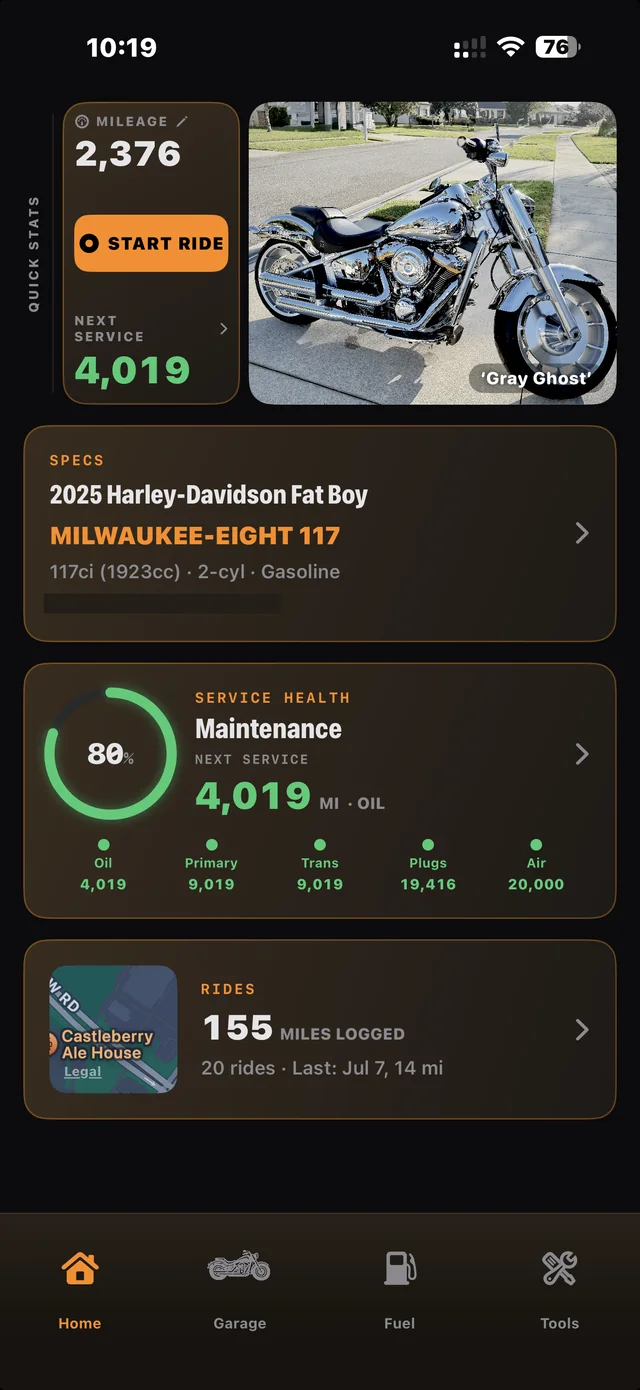 RIDR dashboard: the Gray Ghost with service health ring at 80 percent, quick stats, and ride map